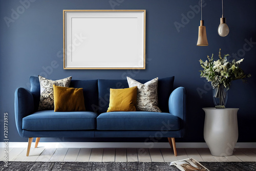 Interior blue wall frame mockup with luxury decor in modern living room, entry hall with sofa, couch. Generative AI.