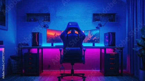 Workplace for professional gamer in computer games online tournaments, comfortable chair backlit keyboard monitors blue backgrounds 3D Rendering