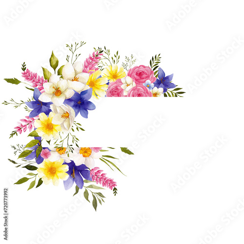 Watercolor hand draw frame with spring flowers, herbs, grass, isolated on transparent background, PNG files.  © марина васильева