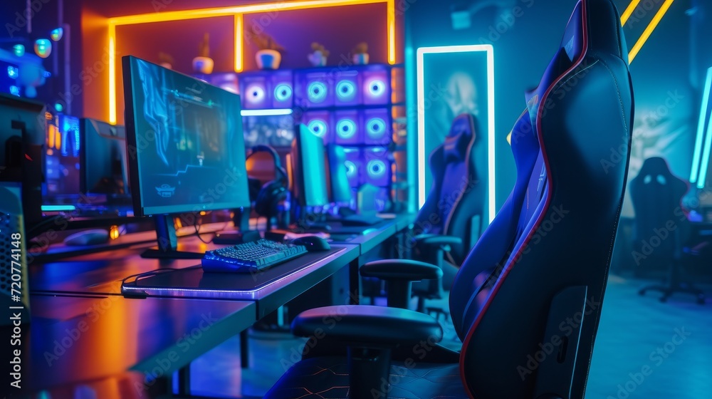 Workplace Professional gamers cafe room with powerful personal computer game chair blue color. Concept cyber sport arena