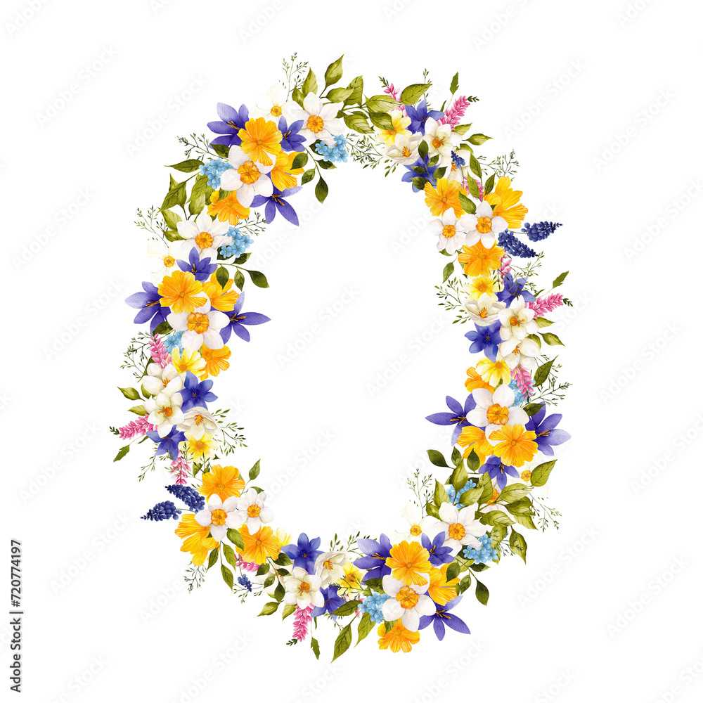 Watercolor hand draw wreath with spring flowers, leaves, herbs, grass, isolated on transparent background, PNG files. First spring floral.