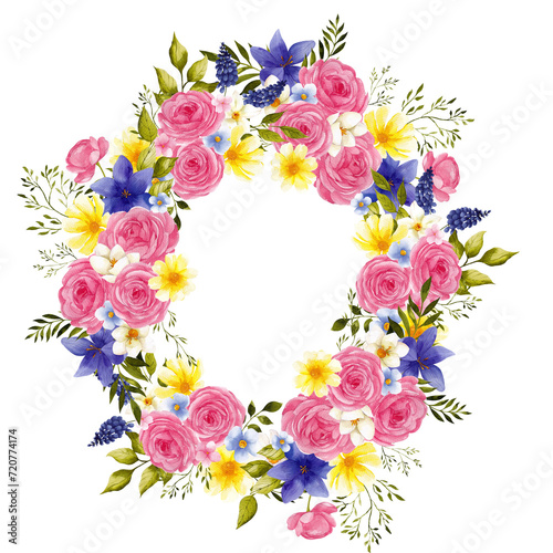 Watercolor hand draw wreath with spring flowers, leaves, herbs, grass, isolated on transparent background, PNG files. First spring floral. © марина васильева