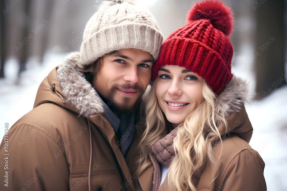 portrait of a happy loving couple in warm clothes outdoors in winter. love and family relationships portrait of a happy loving couple in warm clothes outdoors in winter. love and family relationships
