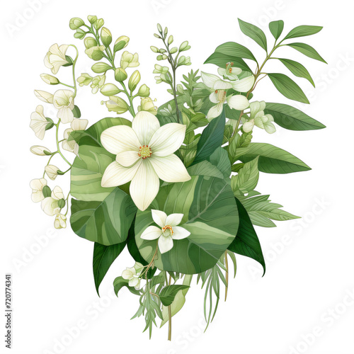 bouquet of white flowers and green leaves on a transparent background png isolated