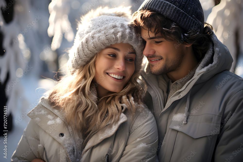 portrait of a happy loving couple in warm clothes outdoors in winter. love and family relationships