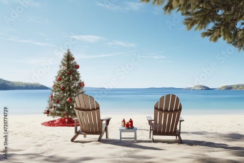 Christmas beach vacation. sun loungers and seashore christmas tree for holiday at sea