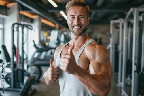 Healthy muscular man showing thumbs up, looking into lens, smiling, in gym