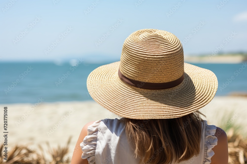 Girls in sun hats gazing at the sea - ideal vacation concept with space for text