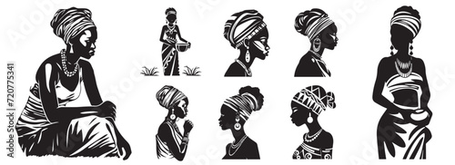 Beautiful African women  collection of set of ornamental black and white vectors without color