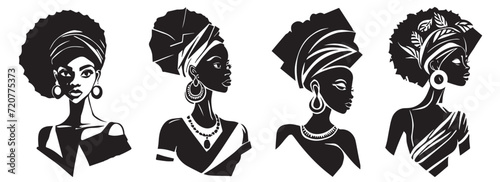 Portraits of beautiful African women, black and white decorative vector graphics