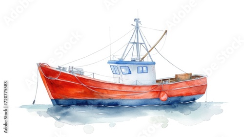 A watercolor painting of a boat floating in calm waters. This picture can be used to depict tranquility and the beauty of nature