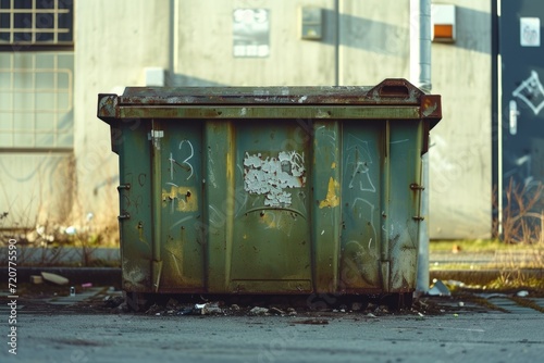 A picture of a green dumpster sitting in front of a building. This image can be used to depict waste management, construction sites, or urban environments
