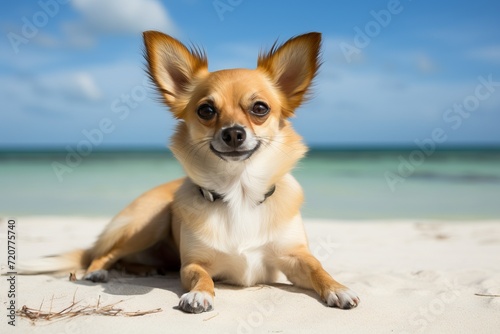 captivating chihuahua enjoying a relaxing stroll on the seashore, gazing directly into the camera lens