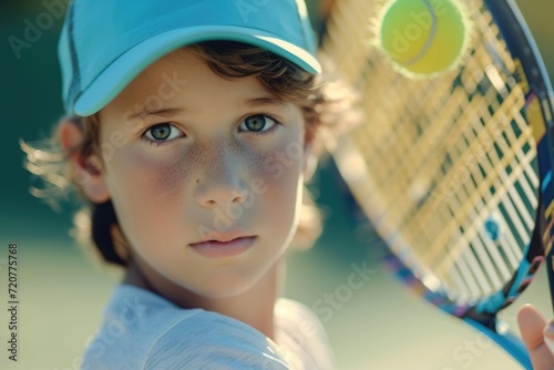 A young boy holding a tennis racket and a tennis ball. Perfect for sports-related projects or illustrating the joy of playing tennis © Fotograf