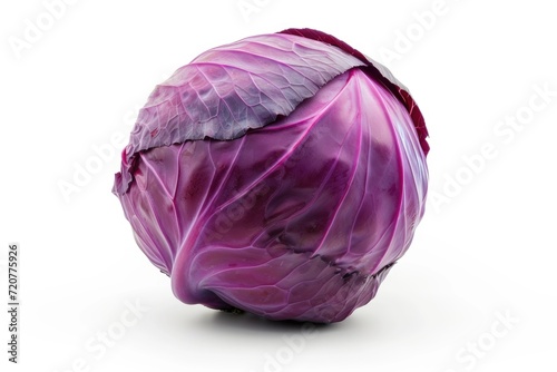 A detailed view of a purple cabbage on a clean white surface. This image can be used to showcase the vibrant colors and textures of fresh produce