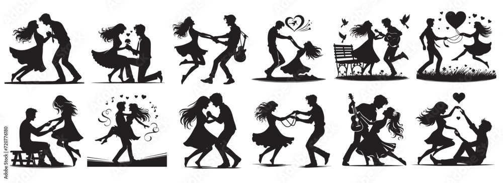 Dancing couple in love, collection of set of black and white vector graphics