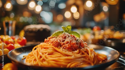 A delicious plate of spaghetti topped with tomato sauce and sprinkled with parmesan cheese. Perfect for Italian cuisine or food-related projects photo