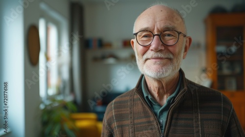 An older man wearing glasses and a cozy sweater. This image can be used to depict aging, retirement, or a wise and knowledgeable individual