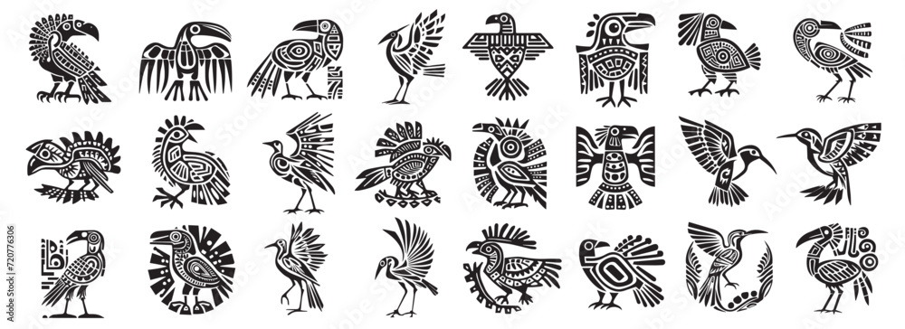 Mayan aztec and inca ethnic animal signs, black and white vector decoration