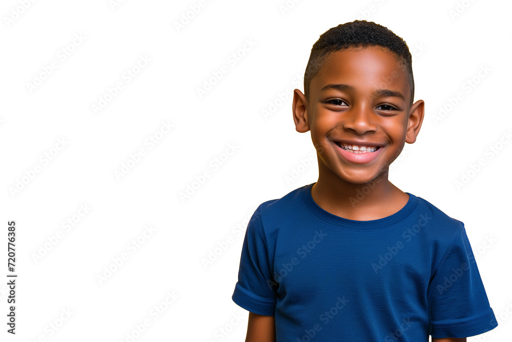 Portrait of a smiling African little boy in a blue t-shirt on transparent background. Front view, happy child in a blue shirt. Portrait of a smiling African little boy in a blue t-shirt on transparent background. Front view, happy child in a blue shirt.
