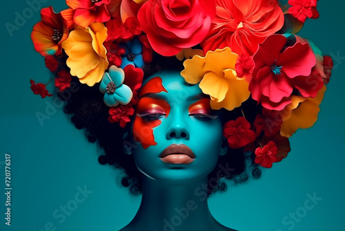fashion portrait of a girl in a neon haze with beautiful flowers on her head. © Vero