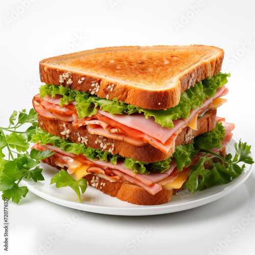 Close-up of toasted sandwich on white bread with ham, tomatoes, cheese and vegetables on white background.