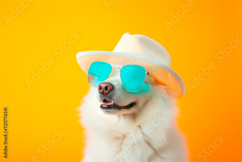 cute white dog wearing glasses and a summer hat on a yellow background. © Vero