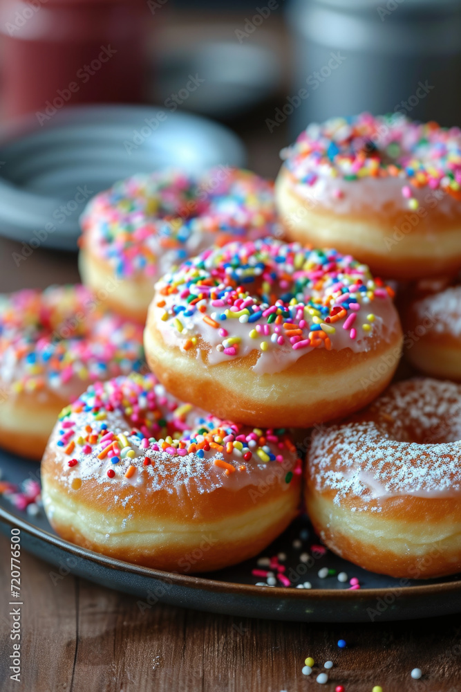 Donuts with powdered sugar glaze and colorful sprinkles arranged on a plate in a pyramid
