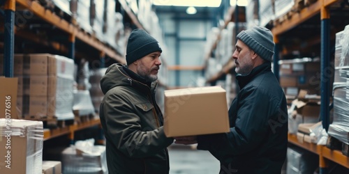 Two men are standing in a warehouse, looking at a box. This image can be used to depict teamwork, logistics, or storage concepts