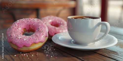 A cup of coffee and a doughnut sitting on a table. Perfect for cafe, breakfast, or food-related designs