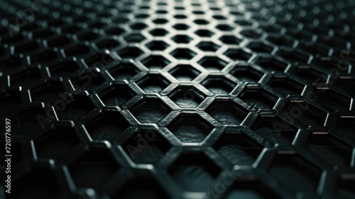 Abstract metallic hexagon grid background with sharp focus and reflective surface