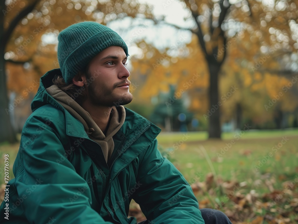 Relaxed man in forest green jacket and black beanie sitting on wooden bench in serene park Relaxed man in forest green jacket and black beanie sitting on wooden bench in serene park
