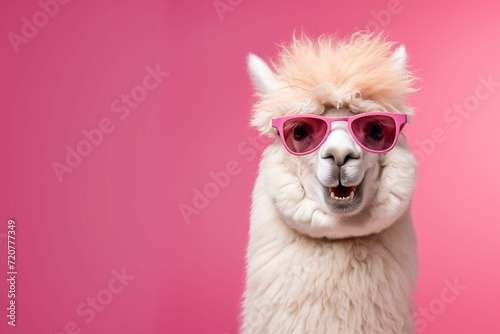 A cute white alpaca llama in fashionable pink glasses with a smile and fluffy bangs, isolated on a pink background, using copyspace. Generative Al © Ирина Горбунова