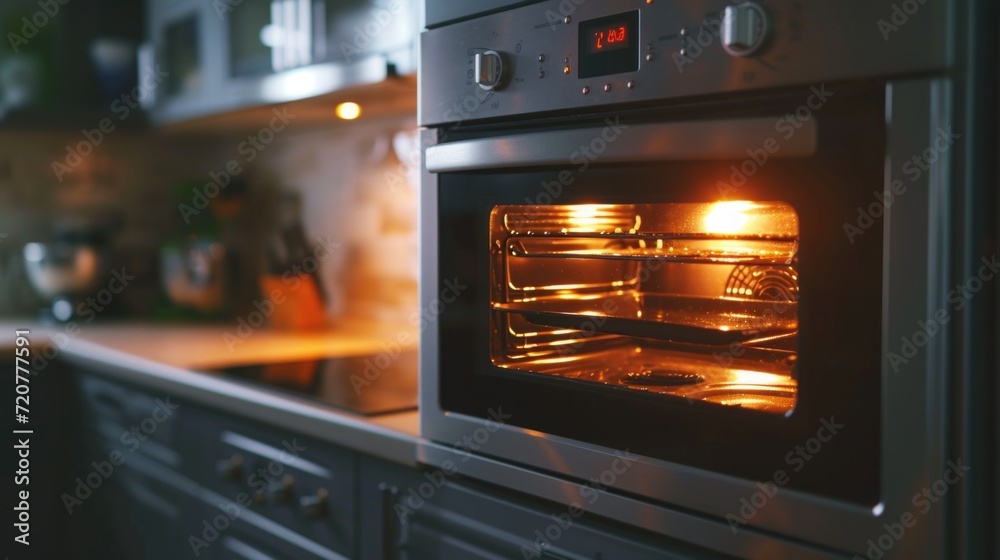 A picture of an oven illuminated in a dark setting. Suitable for illustrating cooking, baking, or kitchen-related concepts A picture of an oven illuminated in a dark setting. Suitable for illustrating cooking, baking, or kitchen-related concepts