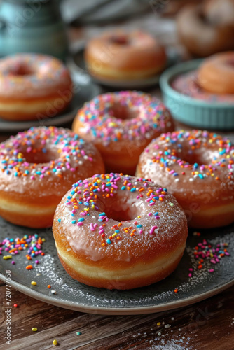 Donuts with powdered sugar glaze and colorful sprinkles arranged on a plate in a pyramid