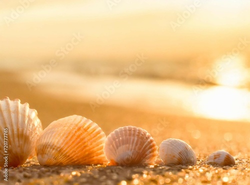 Seashells on the sand on the background of the sea