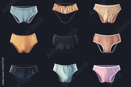 A collection of different types of underwear displayed on a black background. Perfect for showcasing various styles and designs.