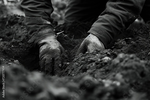A black and white photo of a person actively digging a hole in the ground. This photo can be used to depict various themes such as construction, gardening, labor, or hard work