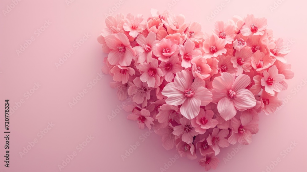 A heart-shaped arrangement of pink flowers on a pink background. Perfect for romantic occasions or expressing love A heart-shaped arrangement of pink flowers on a pink background. Perfect for romantic occasions or expressing love