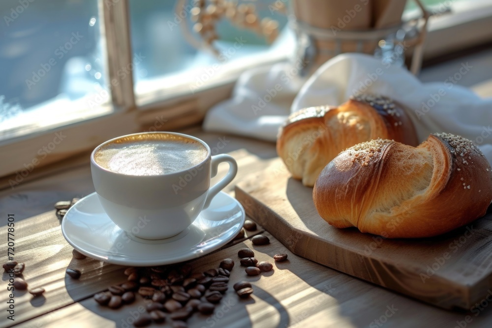A cup of coffee and some bread on a table. Perfect for breakfast or a cozy cafe setting A cup of coffee and some bread on a table. Perfect for breakfast or a cozy cafe setting