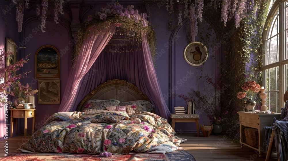 A bed canopy in a whimsical fairy tale print, set in a room with walls in a magical violet