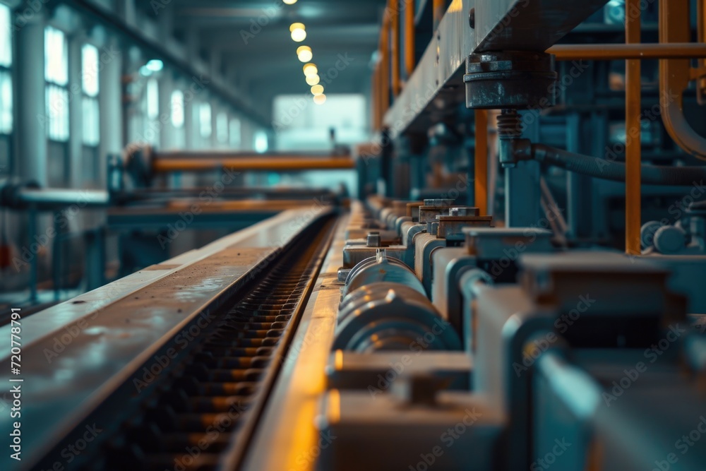 A picture of a conveyor belt in a factory with multiple machines. This image can be used to showcase industrial production and manufacturing processes
