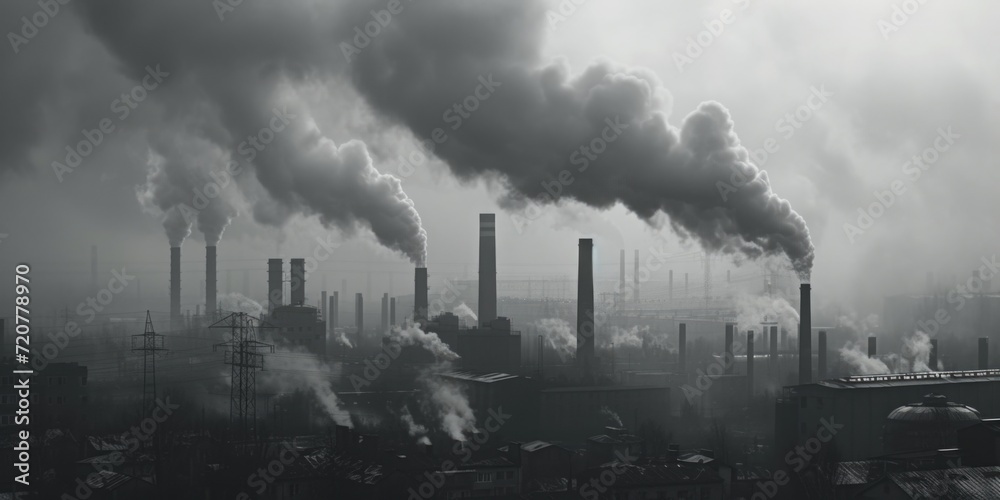 A black and white photo capturing the smoke emanating from a factory. This image can be used to depict industrial pollution or the impact of manufacturing on the environment