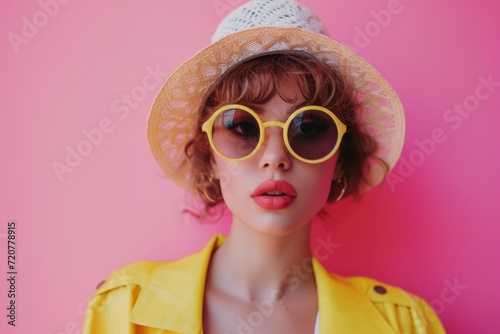 A woman wearing a hat and sunglasses posing on a vibrant pink background. Perfect for fashion, summer, and lifestyle themes