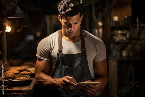 Focused male baker reading a traditional recipe in a stylish modern kitchen setting