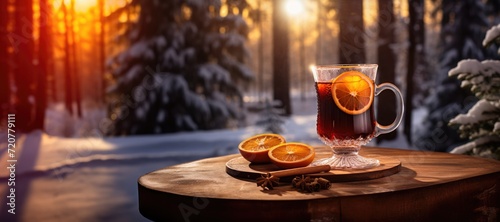 Aromatic Mulled Wine Served on a Wooden Table Against a Snowy Winter Forest Backdrop at Sunset