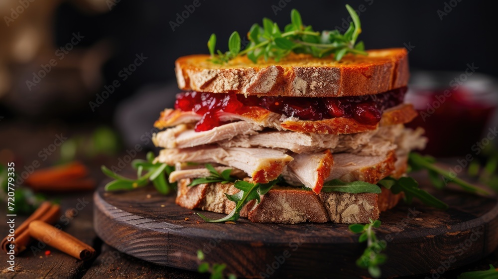 A delicious turkey sandwich with cranberry sauce on a cutting board. Perfect for a quick and satisfying meal. - obrazy, fototapety, plakaty 