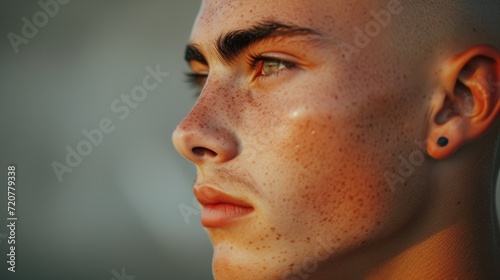 A detailed close-up of a person's face with noticeable freckles. This image can be used to depict natural beauty, diversity, or skincare