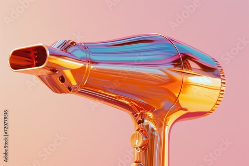 A gold blow dryer placed on top of a table. Ideal for use in beauty salons, hair styling tutorials, or product advertisements
