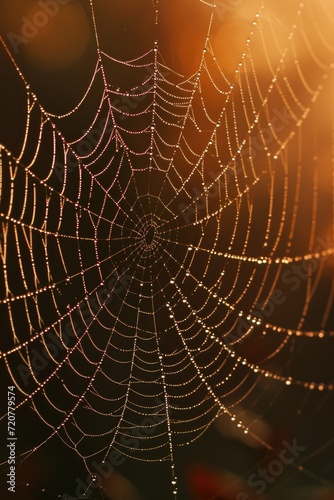 A spider web covered in sparkling water droplets. Perfect for nature-themed designs and concepts